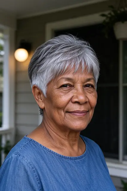 A smiling Indigenous woman in her late sixties stands on a home porch wearing a blue denim top and short grey pixie haircut.