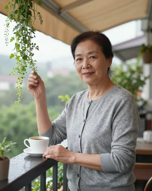 East Asian senior woman in a gray cardigan holds a trailing herb next to coffee on a damp balcony railing under an awning