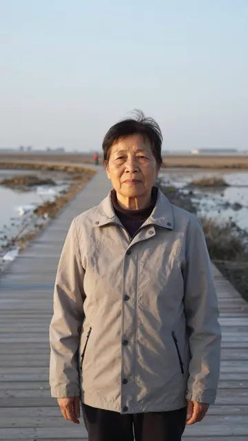An elderly East Asian woman stands on a wooden salt marsh boardwalk at soft dawn light