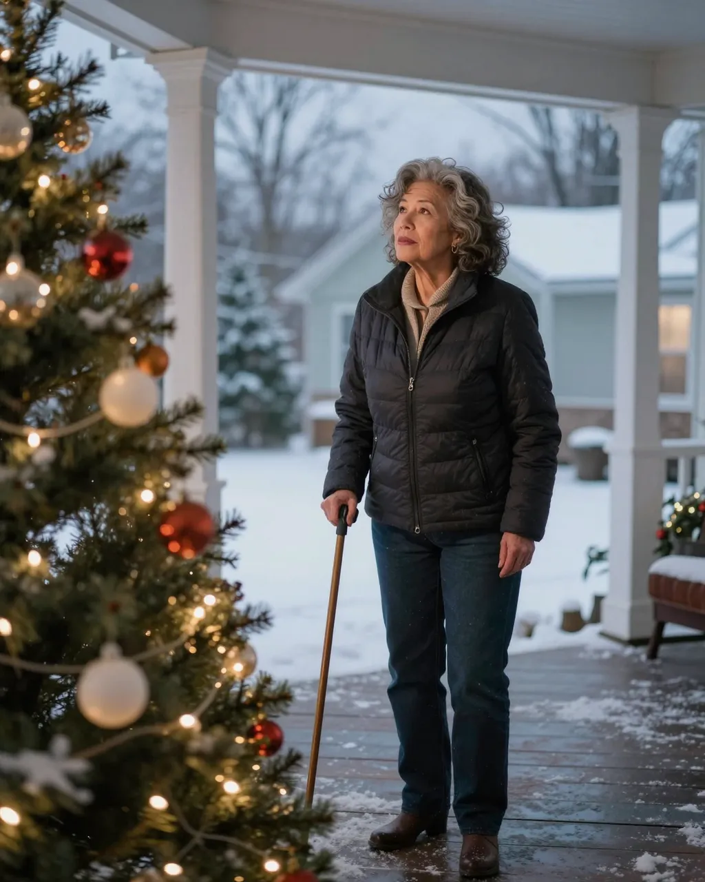 Older woman with a cane stands on a snowy front porch looking at a decorated Christmas tree at dusk