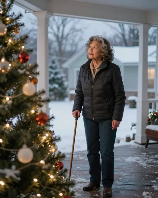 Older woman with a cane stands on a snowy front porch looking at a decorated Christmas tree at dusk