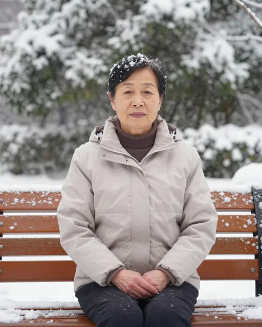 Calm older East Asian woman sits with clasped hands on a snow-covered park bench during a snowfall
