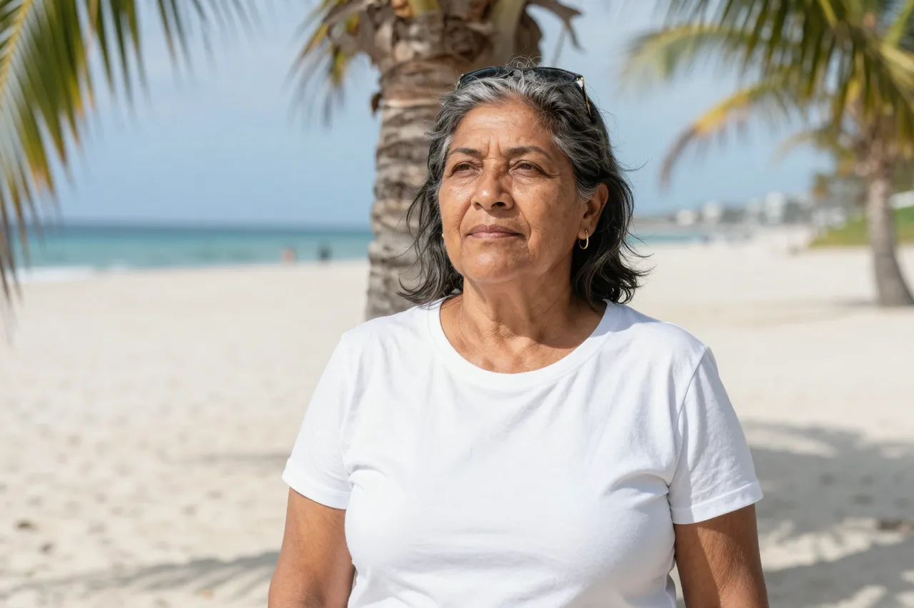 A senior Latina woman in a plain white t-shirt stands under a palm tree on a bright white sand beach at midday.
