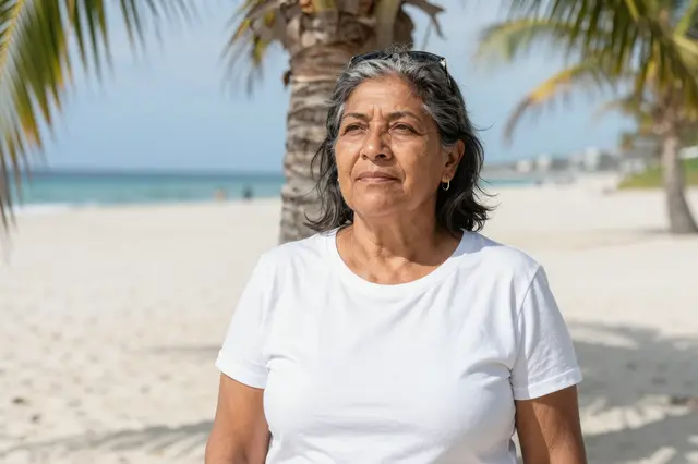 A senior Latina woman in a plain white t-shirt stands under a palm tree on a bright white sand beach at midday.