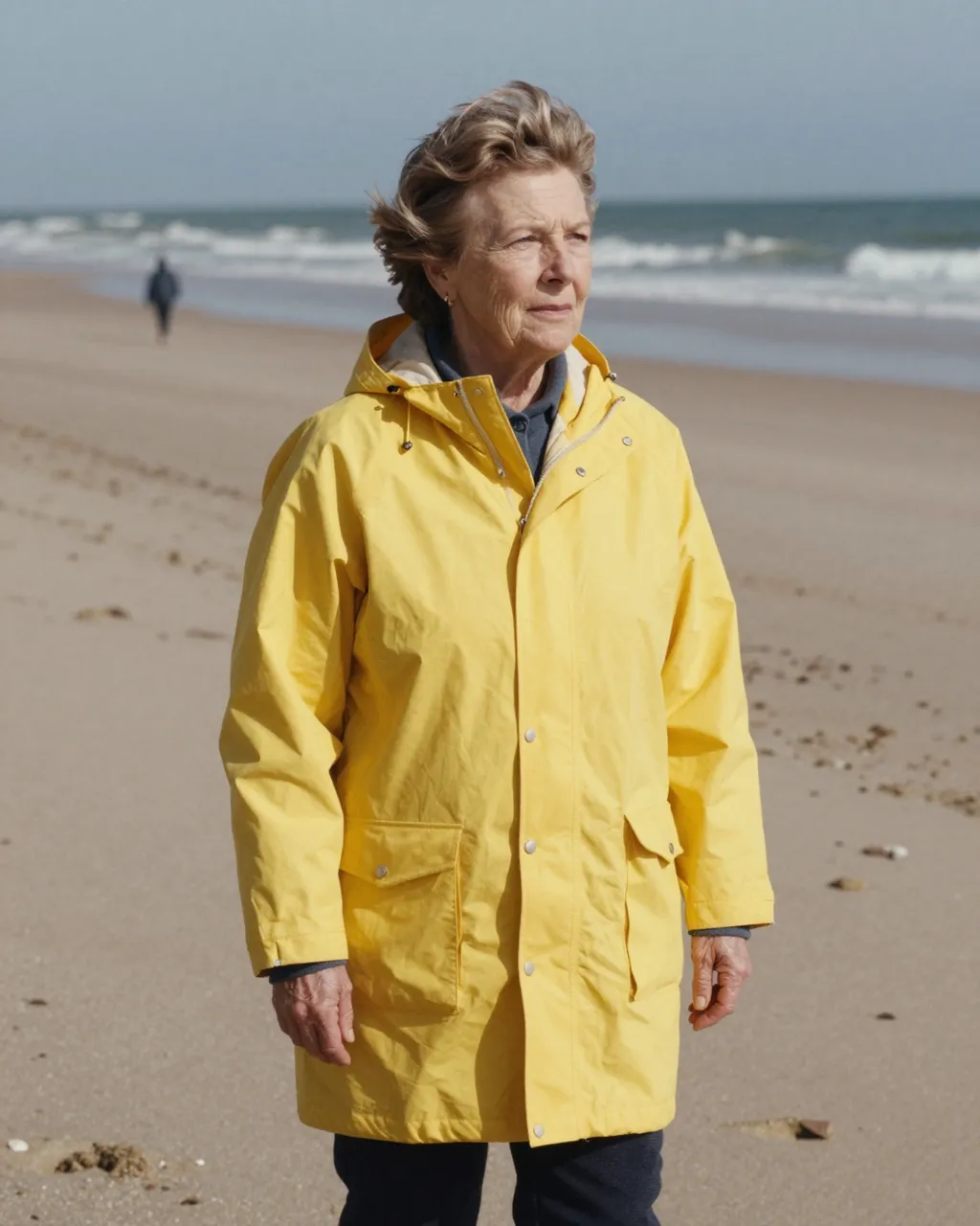 A senior woman in a bright yellow raincoat stands on a sandy beach overlooking the ocean