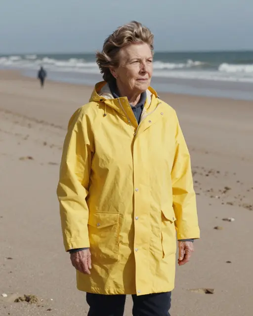 A senior woman in a bright yellow raincoat stands on a sandy beach overlooking the ocean