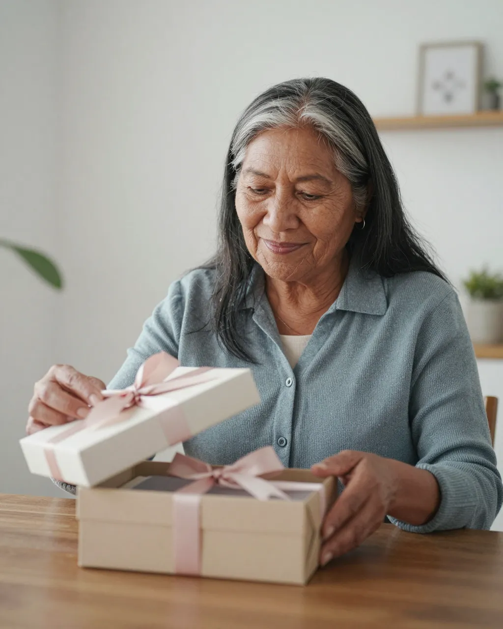An Indigenous senior woman in her sixties smiles while opening a ribboned gift box at a wooden dining table.