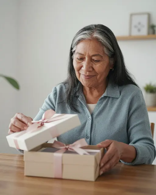 An Indigenous senior woman in her sixties smiles while opening a ribboned gift box at a wooden dining table.