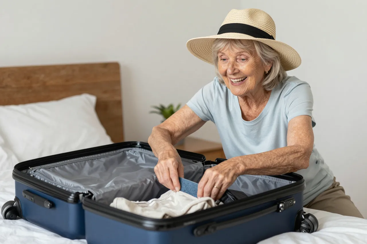 Smiling older woman in a straw sun hat packs an open suitcase on a bedroom bed