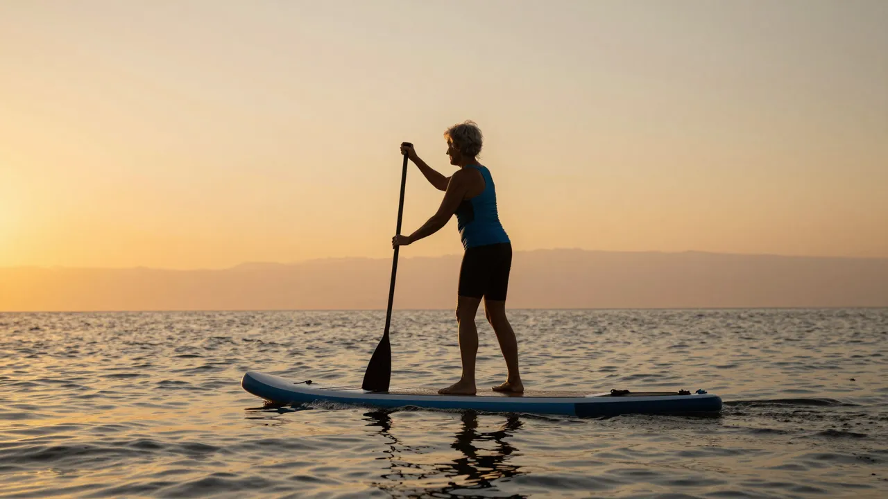 A senior woman stands on a paddleboard on calm golden sea water at sunset, holding a paddle