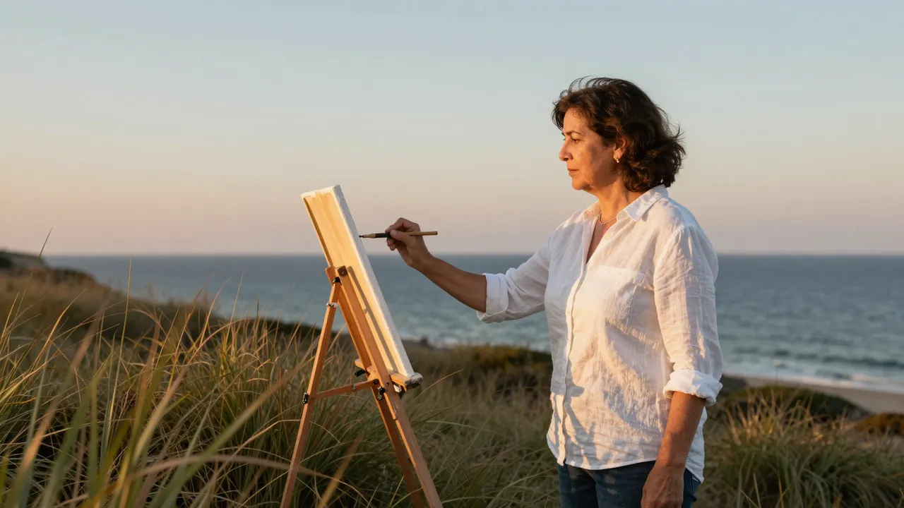 Older woman in a white linen shirt paints at an easel on a grassy dune overlooking the sea at golden sunset