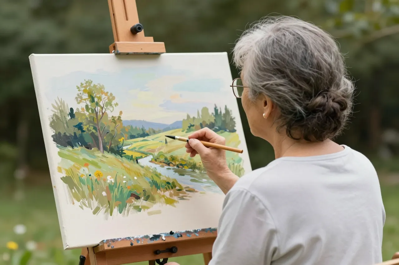Back view of an older woman painting a landscape on an easel in a green garden setting