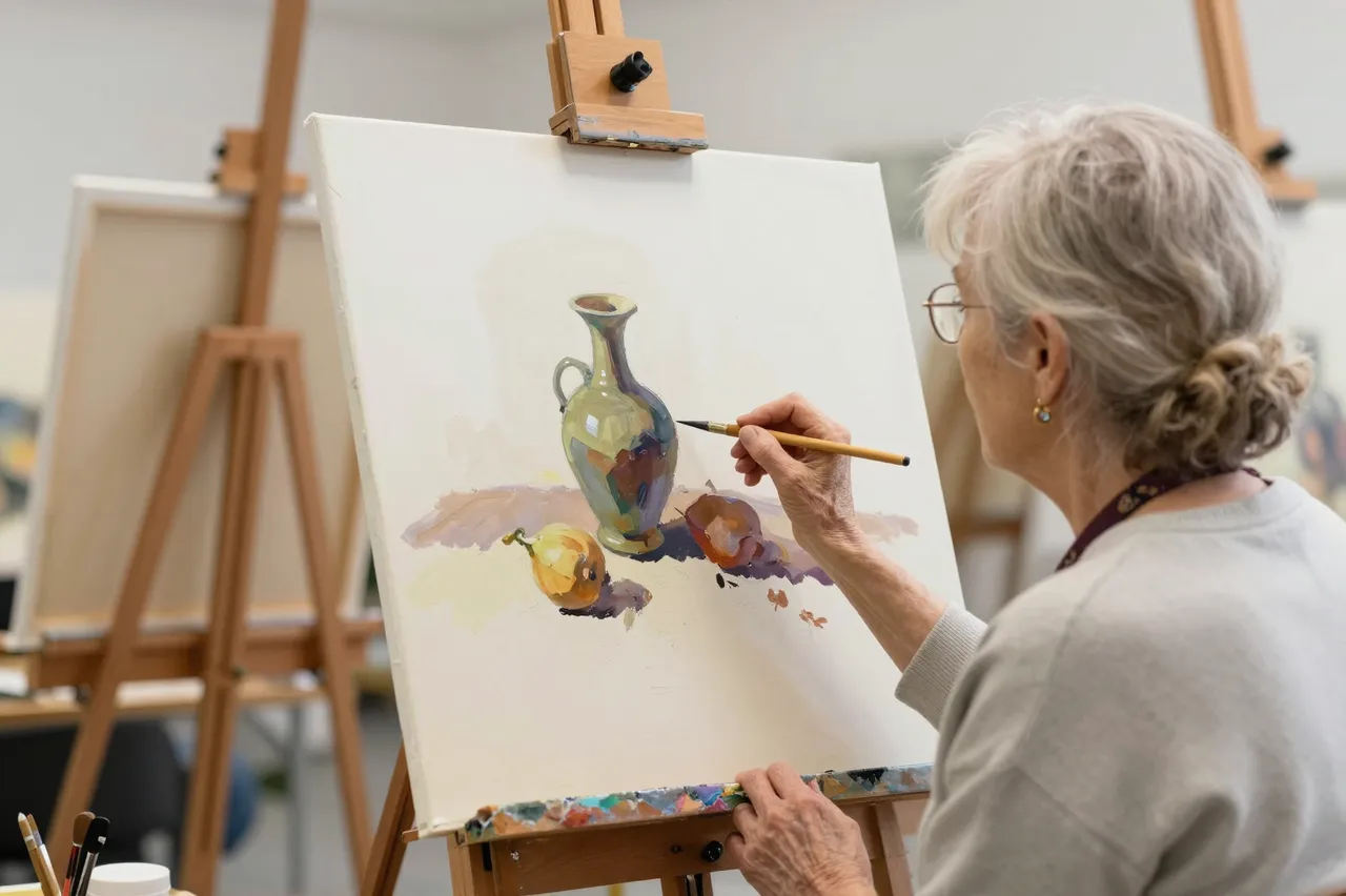 Rear side view of an older woman painting a still life on an easel in an art class
