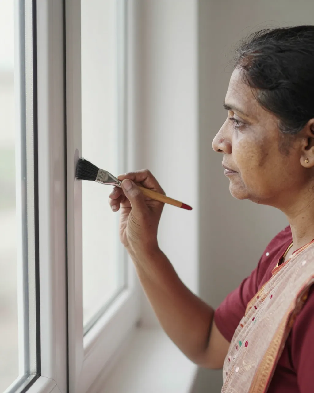 A South Asian senior woman paints white window trim with a small detail brush in soft indoor light