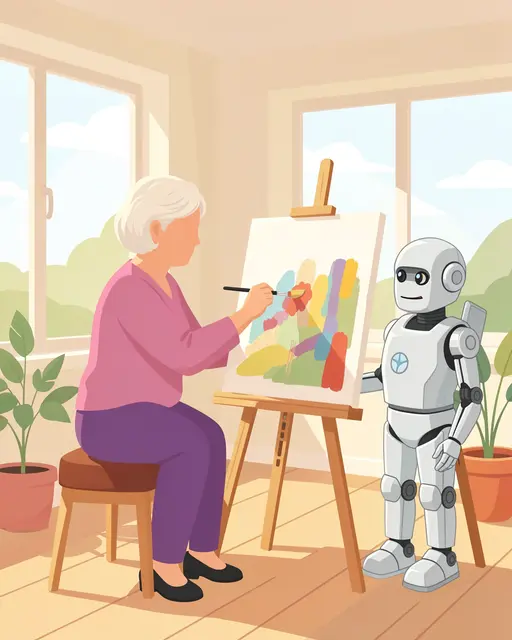 A faceless senior woman paints at an easel while a robot observes in a sunny plant-filled room.