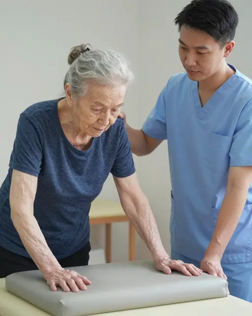 Elderly woman receiving balance assistance from a male physiotherapist in a clinic