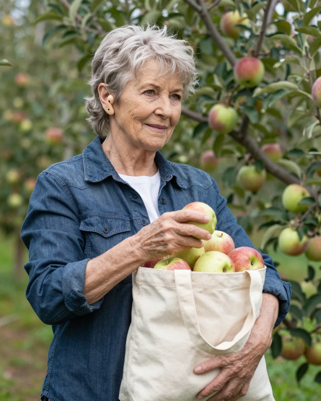 Smiling senior woman with a hearing aid places an apple into a canvas tote bag in an apple orchard.