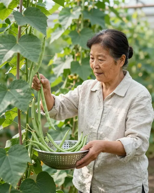 An older East Asian woman harvests fresh runner beans into a metal colander beside garden vines in dappled sunlight.