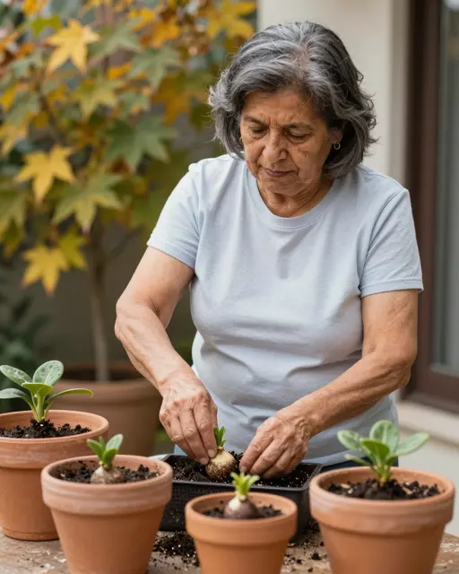 Elderly Latina woman plants bulbs into terracotta pots on a residential patio in autumn