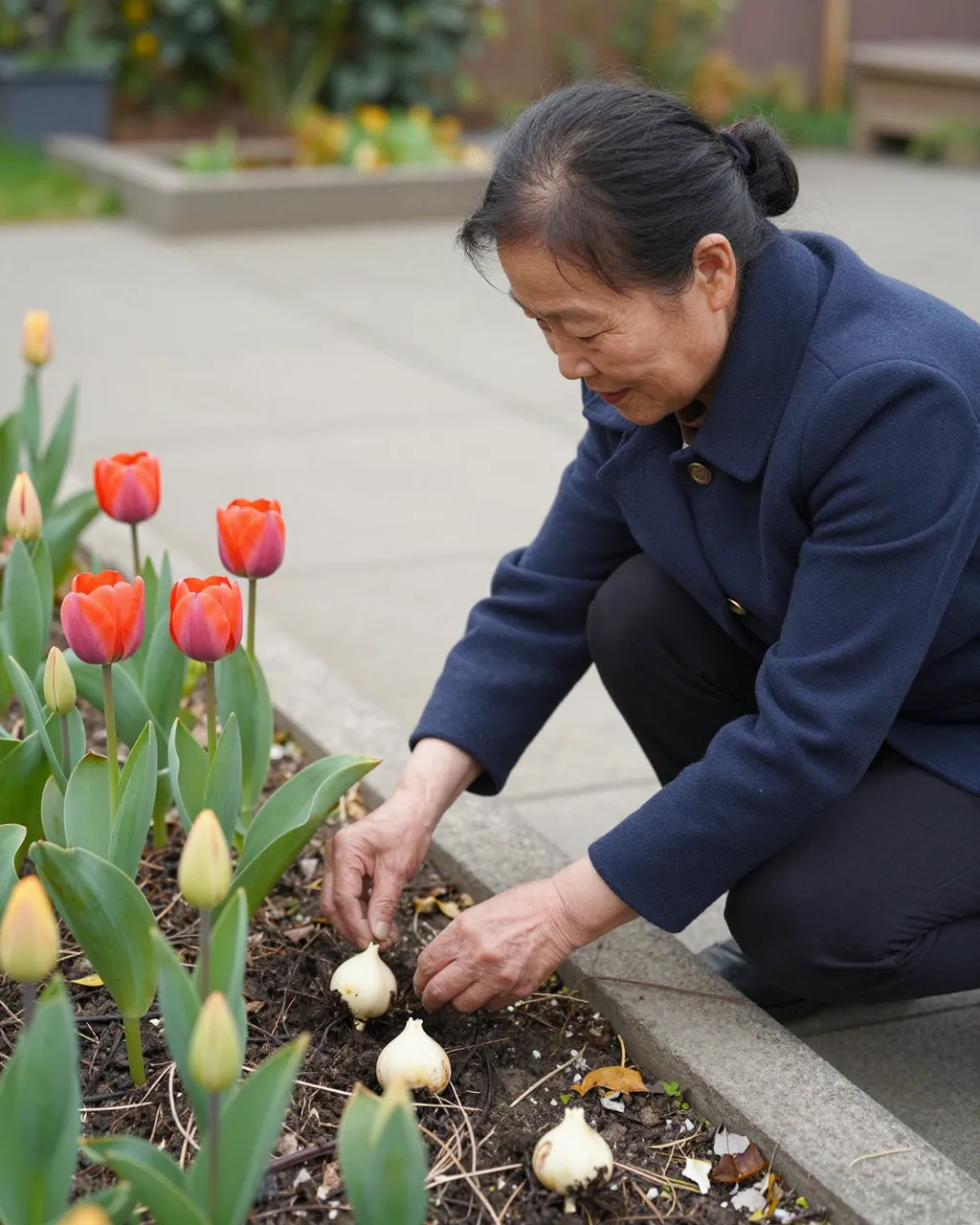 East Asian senior woman kneels beside a garden bed placing tulip bulbs into soil next to blooming tulips.