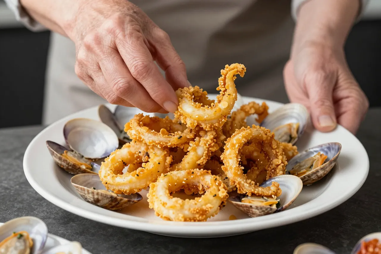 Older adult hands arrange fried calamari and cooked clams on a white dinner plate