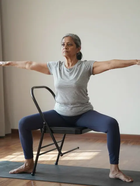 Elderly South Asian woman performs chair yoga with outstretched arms in a sunlit indoor room
