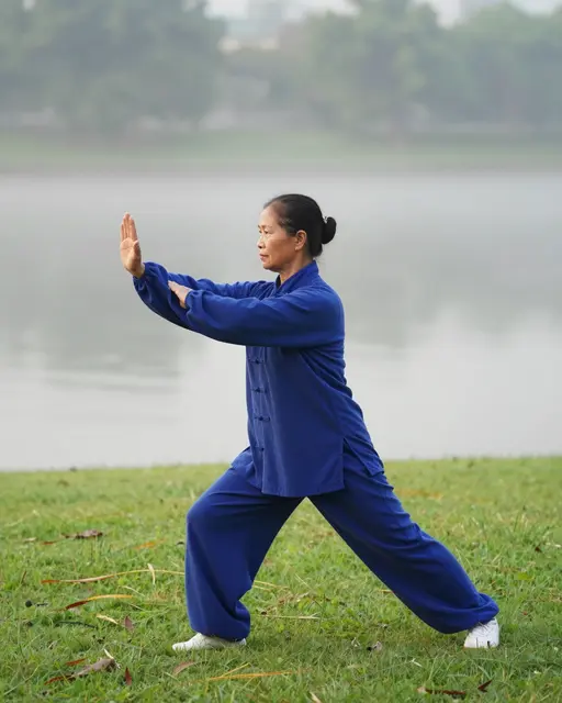 Side view of an older Southeast Asian woman doing tai chi on a grassy riverside lawn in soft morning mist