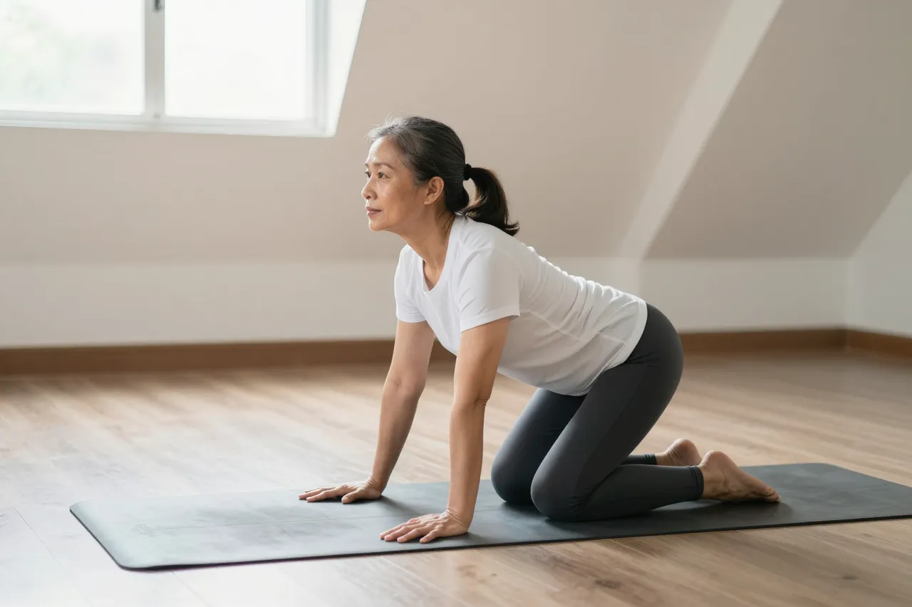 Mature Southeast Asian woman performs cat cow yoga pose on a mat in a bright attic room