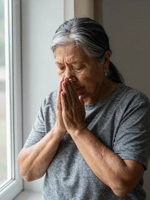 An older Indigenous woman with gray hair bows her head while praying with clasped hands beside a bright window.