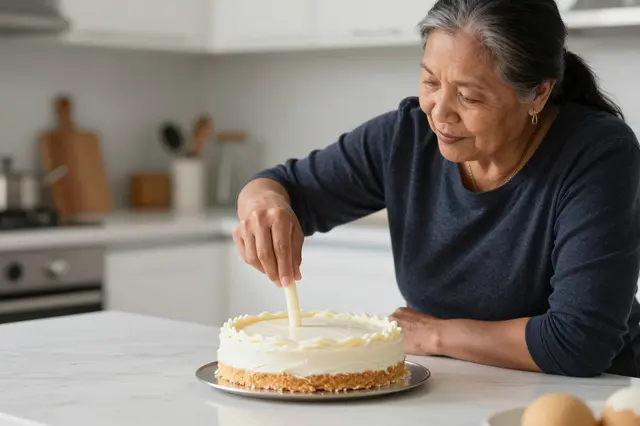 A senior Indigenous woman presses a plain candle into a frosted birthday cake on a bright kitchen counter.