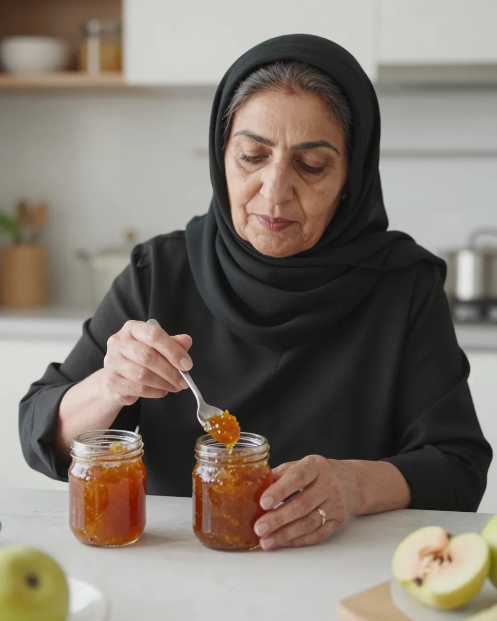 Older Middle Eastern woman spooning quince jam into a glass jar at a bright kitchen table
