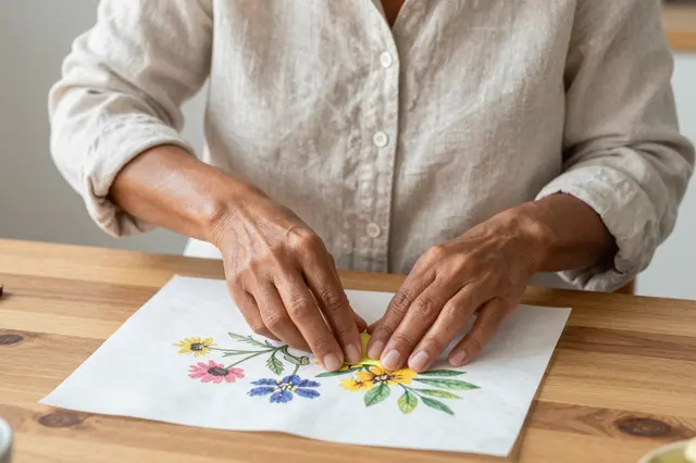An older mixed-race woman presses garden flowers between blotting paper on a wooden table