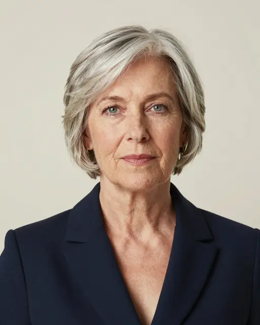 Studio headshot of a senior woman with short silver hair wearing a navy blazer against a pale cream backdrop