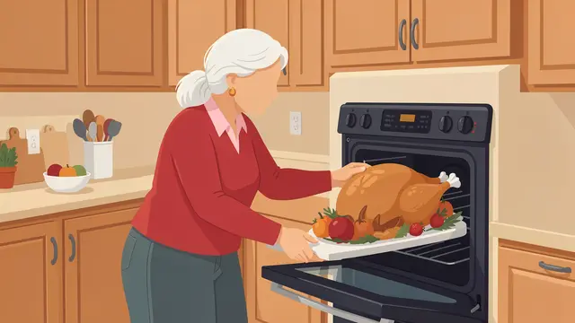 Faceless senior woman removes a roasted Thanksgiving turkey from a cozy kitchen oven