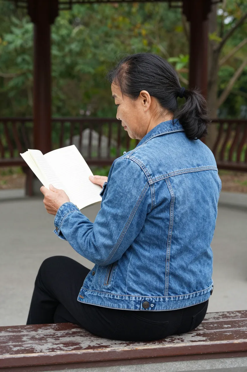 East Asian woman in her sixties wearing a denim jacket reads an open book while seated on a park pavilion bench