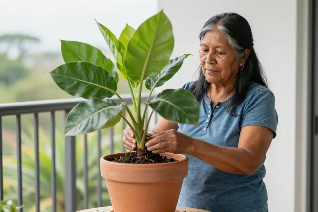 Indigenous senior woman repots a large leafy houseplant into a terracotta pot on her apartment balcony.