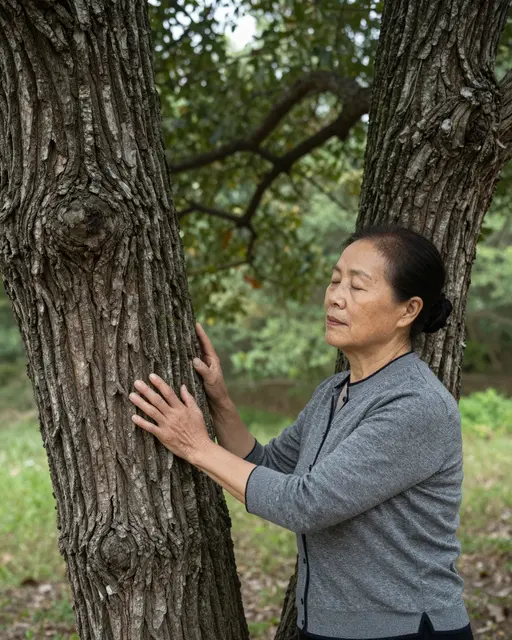 East Asian senior woman with closed eyes resting her hands on an oak tree trunk in a quiet forest
