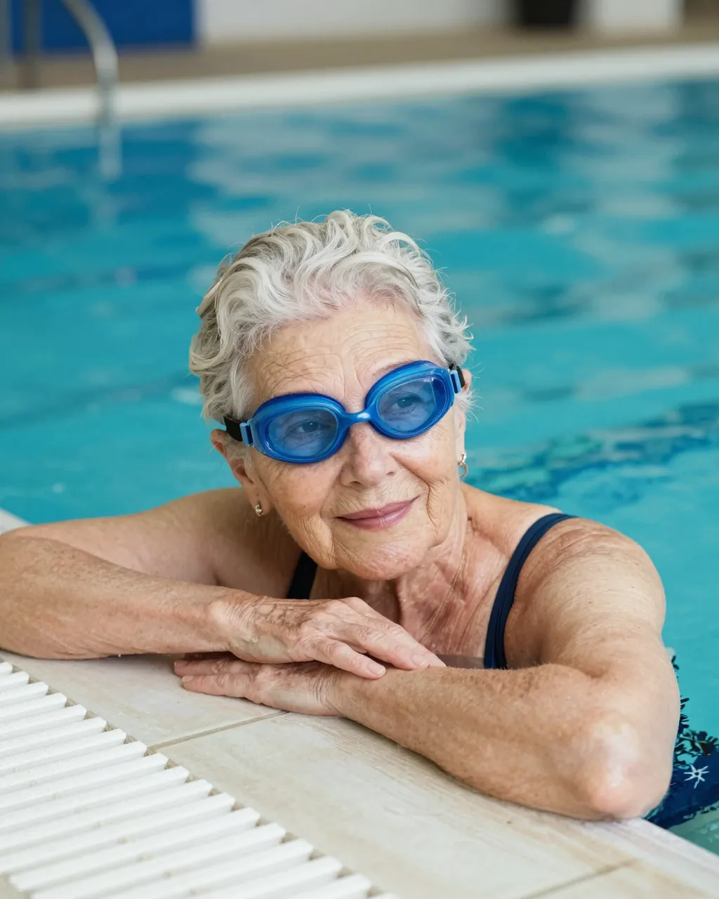 Smiling older woman with blue swim goggles rests her arms on an indoor pool edge