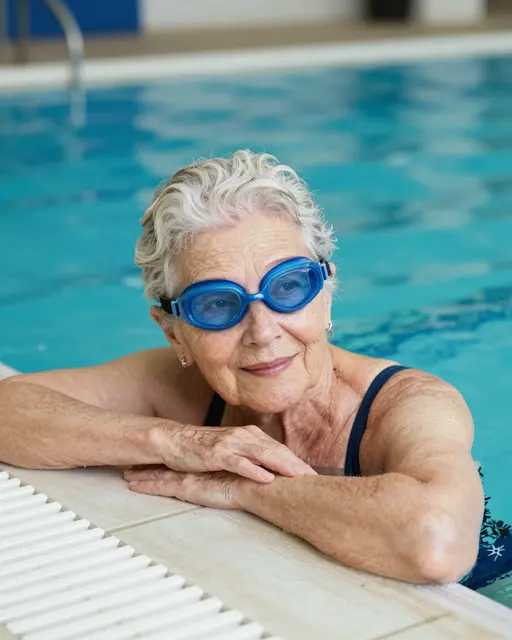 Smiling older woman with blue swim goggles rests her arms on an indoor pool edge