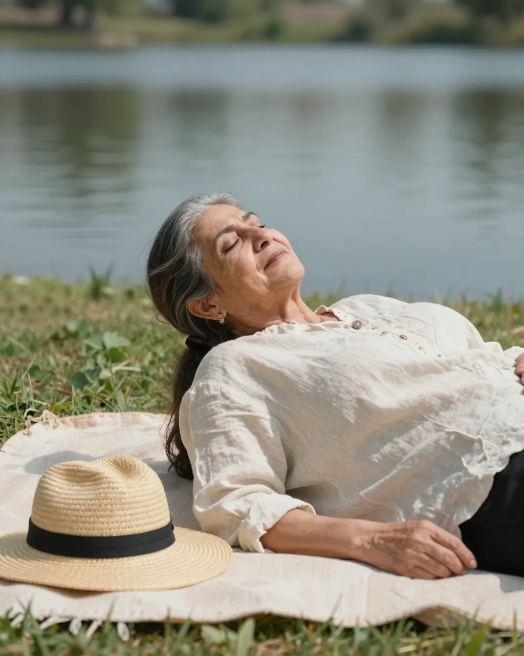 Elderly woman with closed eyes relaxes on a picnic blanket next to a lake with a straw hat beside her