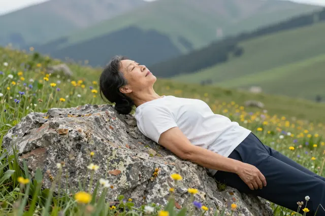 An East Asian senior woman reclines against a boulder in a wildflower alpine meadow with rolling green hills behind her