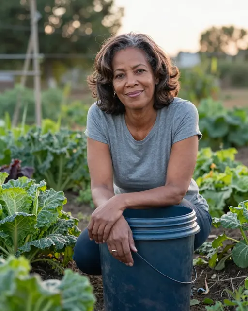 Mixed-race woman in her fifties leans on a blue bucket with a content smile in a sunlit vegetable garden at dusk