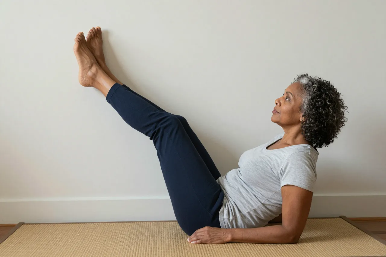 Mixed-race woman in her sixties sits on a mat with her legs extended up a plain light wall in a calm room.