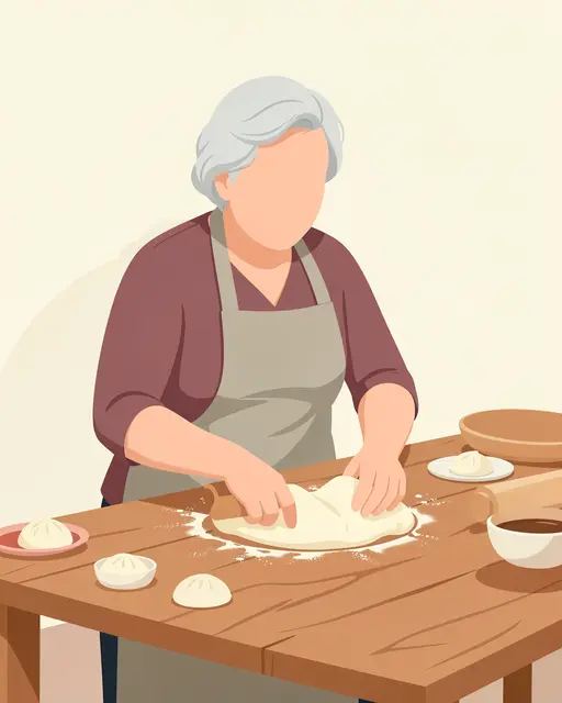 Faceless senior woman rolls dumpling dough on a wooden table with prepared dumplings and kitchen tools arranged nearby.