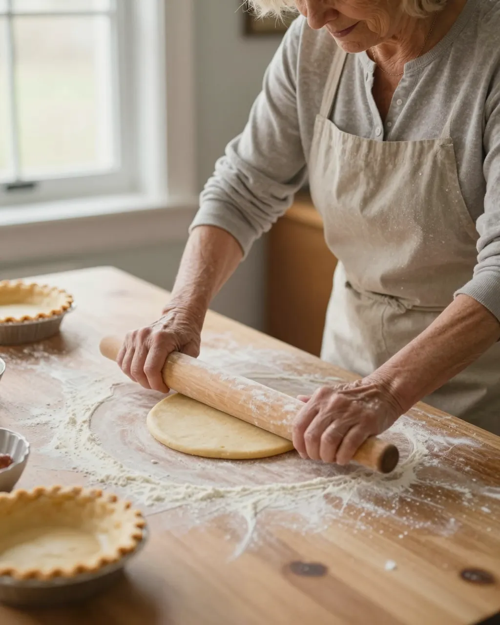Elderly woman in an apron rolls pie dough on a floured wooden farmhouse table by soft window light.