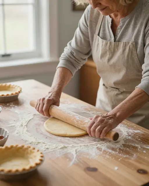 Elderly woman in an apron rolls pie dough on a floured wooden farmhouse table by soft window light.