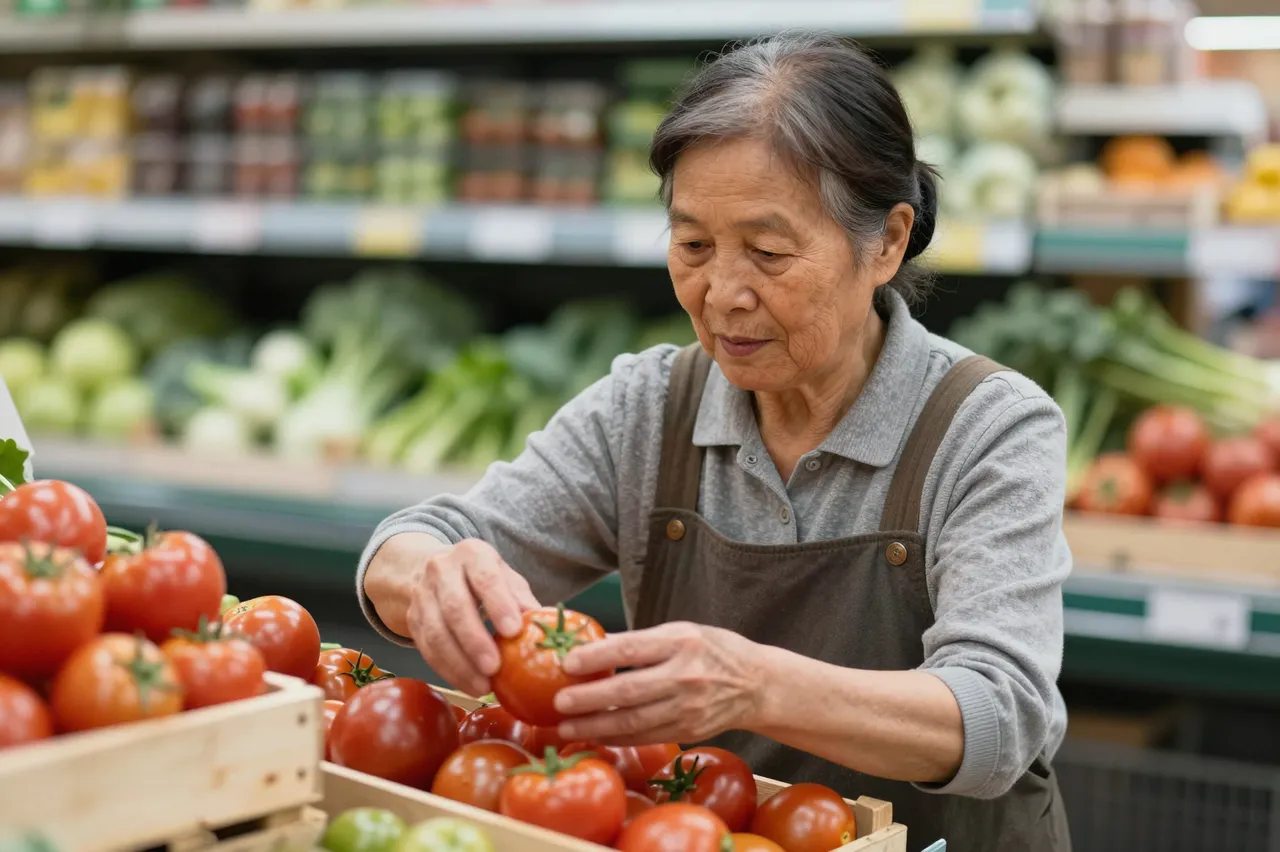 Elderly East Asian woman examines a tomato while selecting produce at a grocery store produce section.