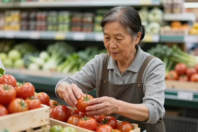 Elderly East Asian woman examines a tomato while selecting produce at a grocery store produce section.