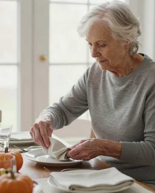 Elderly woman folding linen napkins while arranging a Thanksgiving dining table by soft window light