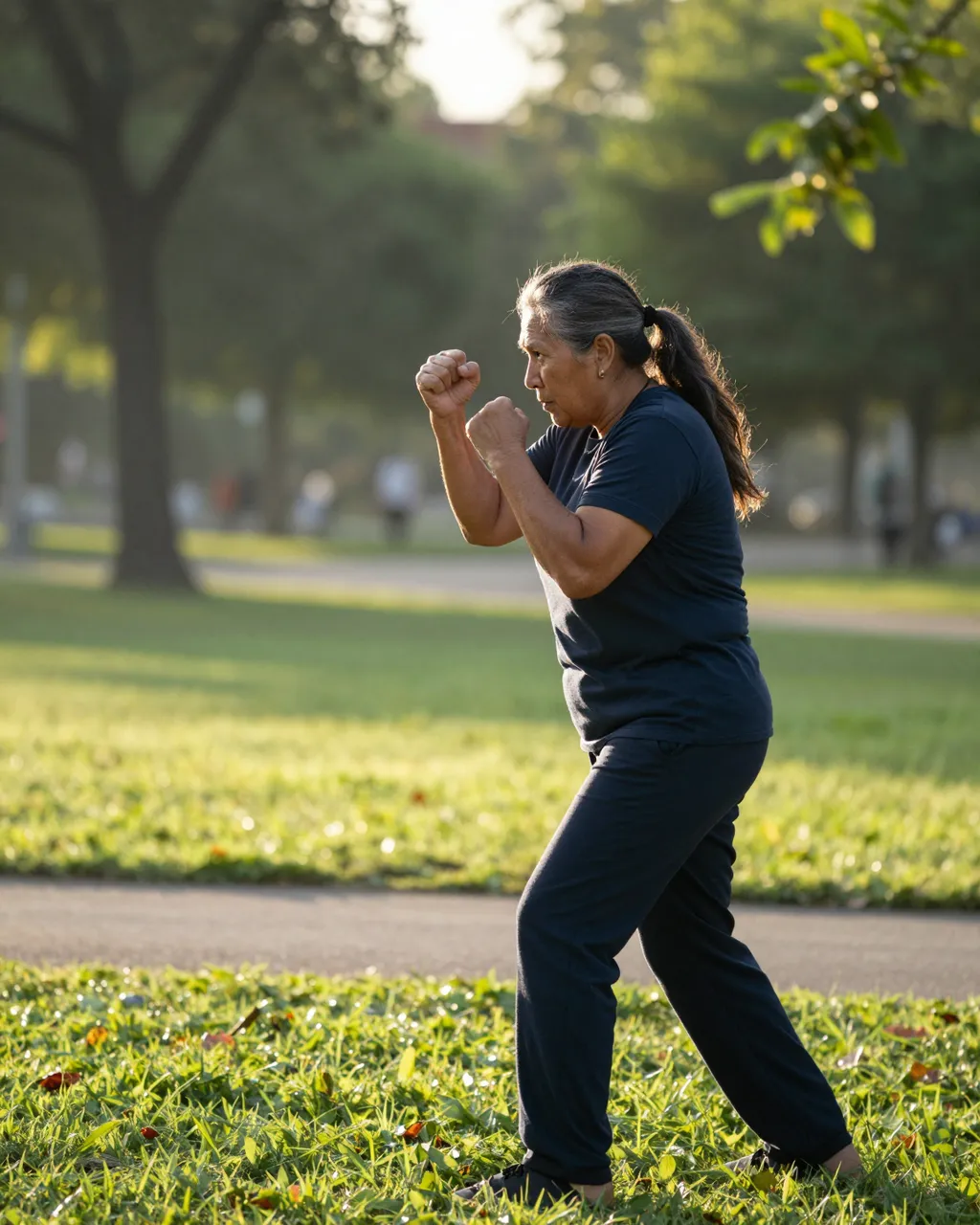 Side view of a middle-aged Indigenous woman shadowboxing in a sunlit park at dawn